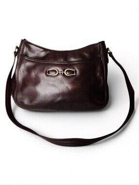 Etienne Aigner Classic Leather Shoulder Bag Dark Plum Maroon Gold Tone Hardware